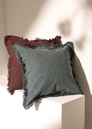 Stonewashed Linen Throw Pillow with Handworked Edges & Fringe -22X22"