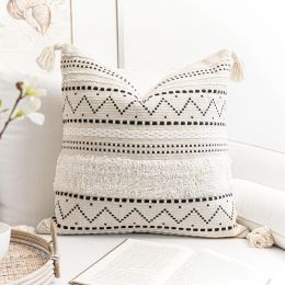 BlissBlush Decorative Throw Pillow Cover 20x20 Square Boho Black Neutral White Accent Pillowcase Tassels Farmhouse Cushion for Couch Sofa Bedroom