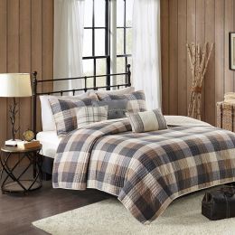 6 Piece Printed Herringbone Quilt Set with Throw Pillows Neutral Full/Queen