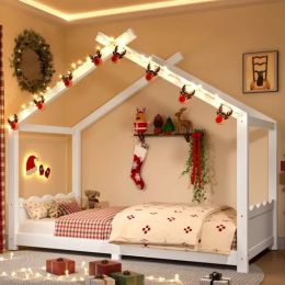 Twin House Floor Bed With Support Slats, Solid Wood House Bed Frame For Kids, No Box Spring Needed And Opening Constructure, White (Option: defaulttitle)