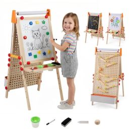 4-in-1 Kids Art Easel With Marble Run, Adjustable Height Double-Sided Drawing Easel With Paper Roll & Storage (Option: defaulttitle)