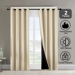 Polyester Grommets Thermal Insulated With Coated Lining 52 In. W X 84 In. L Indoor Blackout Curtains 3 Colors Available,Set Of 2 (Option: Beige)