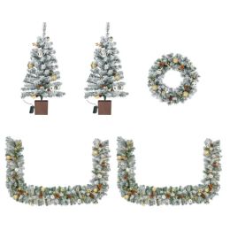 Pre-lit Holiday Christmas 4-Piece Set, Christmas Garland, Wreath And Set Of 2 Entrance Trees With Warm White LED Lights And Remote Control, Artif (Option: defaulttitle)