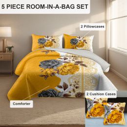 5-Piece Gold & Gray Floral Bedding Set (Queen/King/Cal King) - Microfiber Quilt + Pillow Shams (Color: Yellow Blossom, size: CAL KING)