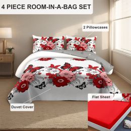 4-Piece Red Butterfly Floral Bedding Set (Queen/King/Cal King) - Microfiber Duvet Cover + Pillow Shams + Fitted Bed Sheet (Color: red butterfly peony, size: KING)
