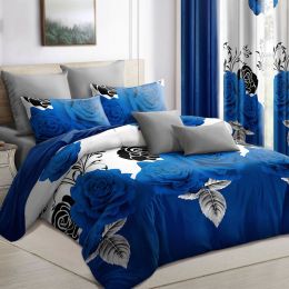 9-Piece Blue Rose Bedding & Curtain Set (Queen/King/Cal King) - Quilted Microfiber Bedspread + Sheer Curtains (Color: Blue Rose, size: KING)