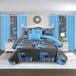 9-Piece Blue Tulip Bedding & Curtain Set (Queen/King/Cal King) - Quilted Microfiber Bedspread + Sheer Curtains (Color: grey/blue jewel flower, size: CAL KING)