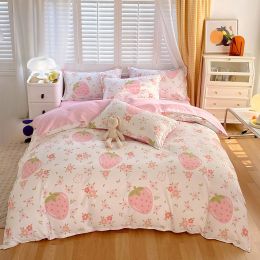 3pcs Cute Strawberry Duvet Cover Full Size for Kids Girls Bedding Set Bunny Flowers Pink Christmas Bedroom Decor 1 Duvet Cover 2 Pillow Shams (Color: Pink, size: KING)