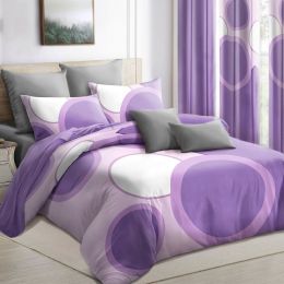 9-Piece Purple Geometric Circle Bedding & Curtain Set (Queen/King/Cal King) - Quilted Microfiber Bedspread + Sheer Curtains (Color: Purple Dot, size: QUEEN)