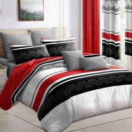 9-Piece Red & Geometric Zigzag Bedding & Curtain Set (Queen/King/Cal King) - Quilted Microfiber Bedspread + Sheer Curtains (Color: Red/Black Stripes, size: CAL KING)