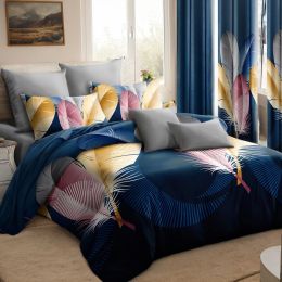 9-Piece Feather Print Bedding & Curtain Set (Queen/King/Cal King) - Quilted Microfiber Bedspread + Sheer Curtains (Color: Blue Feather, size: Twin)