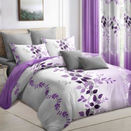 9-Piece Purple Vine Bedding & Curtain Set (Queen/King/Cal King) - Quilted Microfiber Bedspread + Sheer Curtains (Color: Purple Flower, size: Twin)