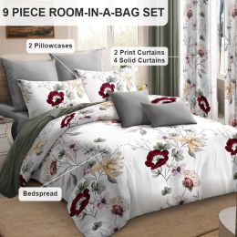 9-Piece Sage Green Watercolor Floral Bedding & Curtain Set (Queen/King/Cal King) - Quilted Microfiber Bedspread + Sheer Curtains (Color: Green/White Flowers, size: CAL KING)