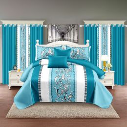 9-Piece Turquoise Paisley Bedding & Curtain Set (Queen/King/Cal King) - Quilted Microfiber Bedspread + Sheer Curtains (Color: blue/white stamen, size: KING)
