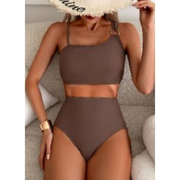 Women's 2 Piece Tummy Control Bikini Set High Waist Asymmetrical Metal Ring Swimsuit (Option: s)