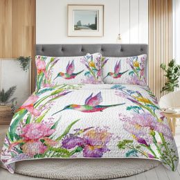Watercolor Hummingbird Flowers Pattern Quilt Set -1 Quilt, 2 Shams (Option: QUEEN)